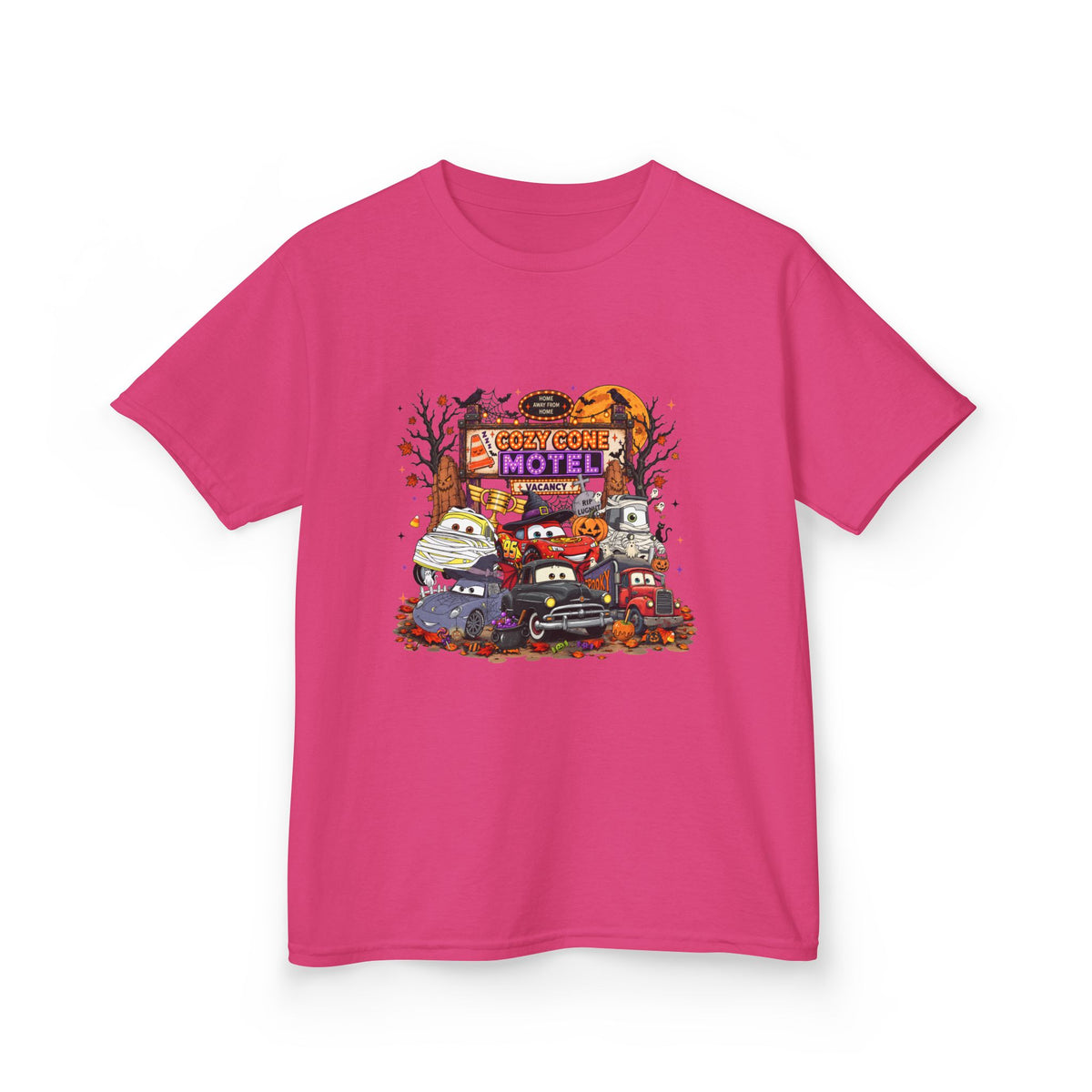 Kids Tee — Retro 'Welcome Motel' Halloween Cars Graphic Shirt
