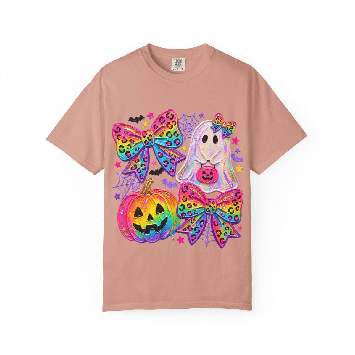 Halloween Cute Ghost & Pumpkin Rainbow Bow T-Shirt