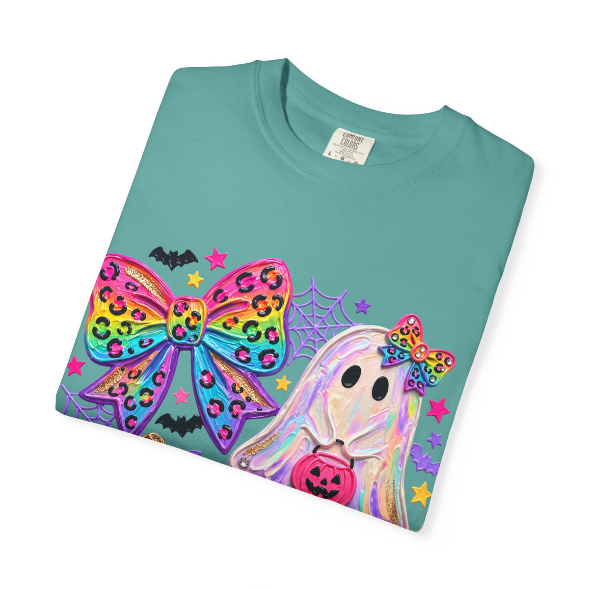 Halloween Cute Ghost & Pumpkin Rainbow Bow T-Shirt