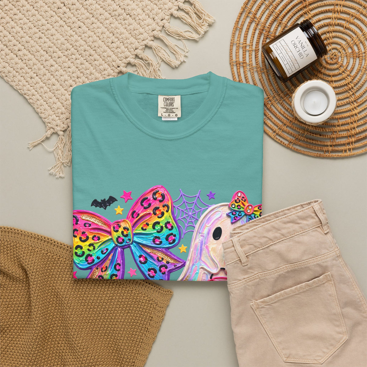 Halloween Cute Ghost & Pumpkin Rainbow Bow T-Shirt