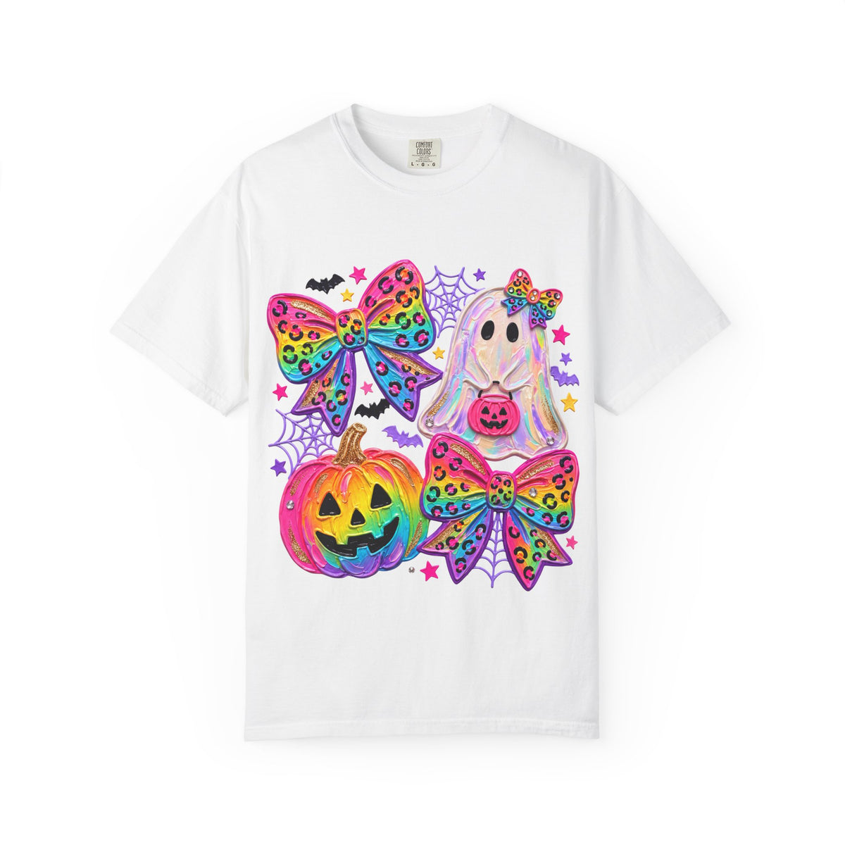Halloween Cute Ghost & Pumpkin Rainbow Bow T-Shirt