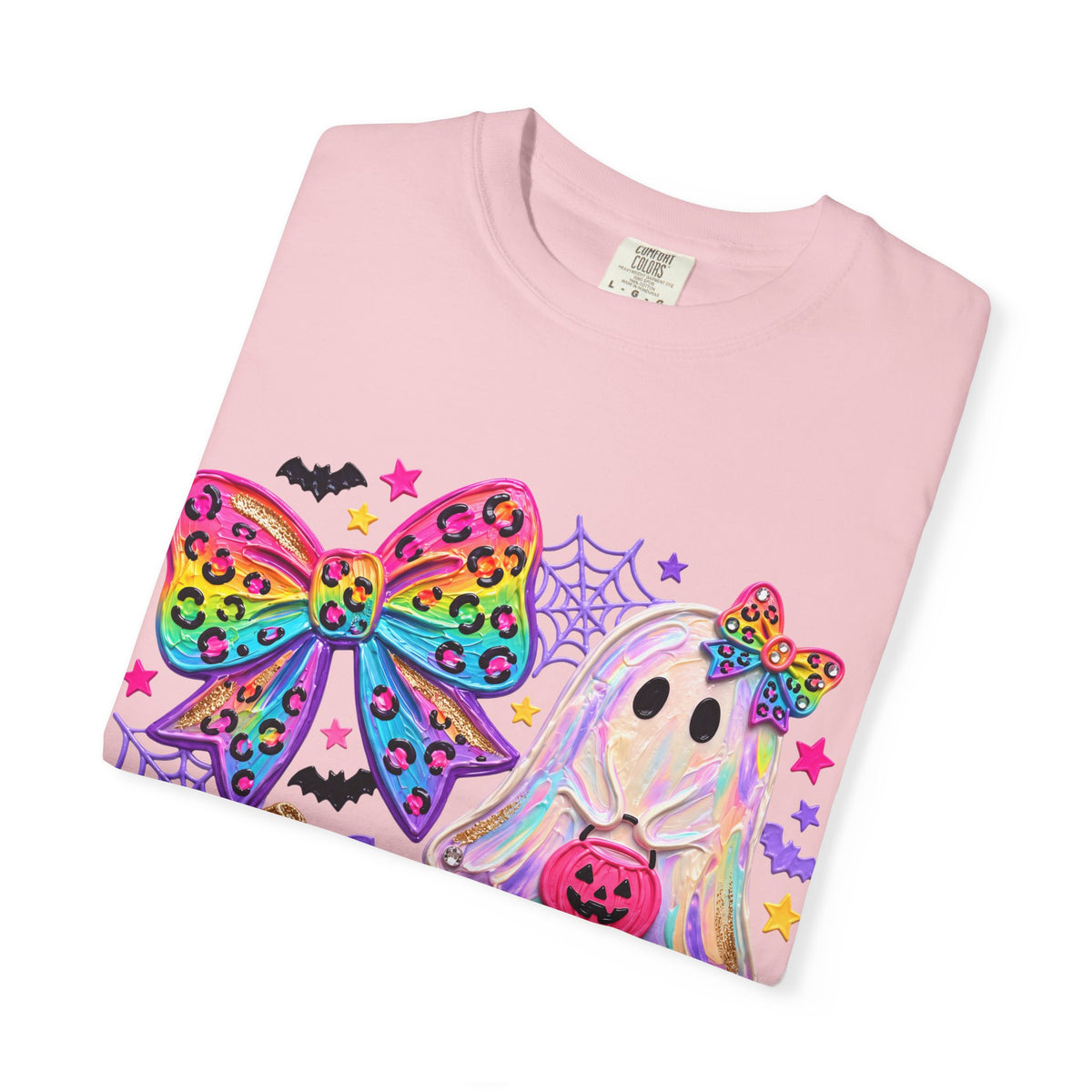 Halloween Cute Ghost & Pumpkin Rainbow Bow T-Shirt