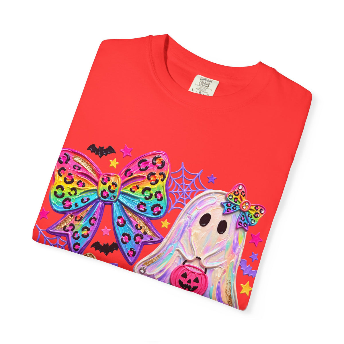 Halloween Cute Ghost & Pumpkin Rainbow Bow T-Shirt