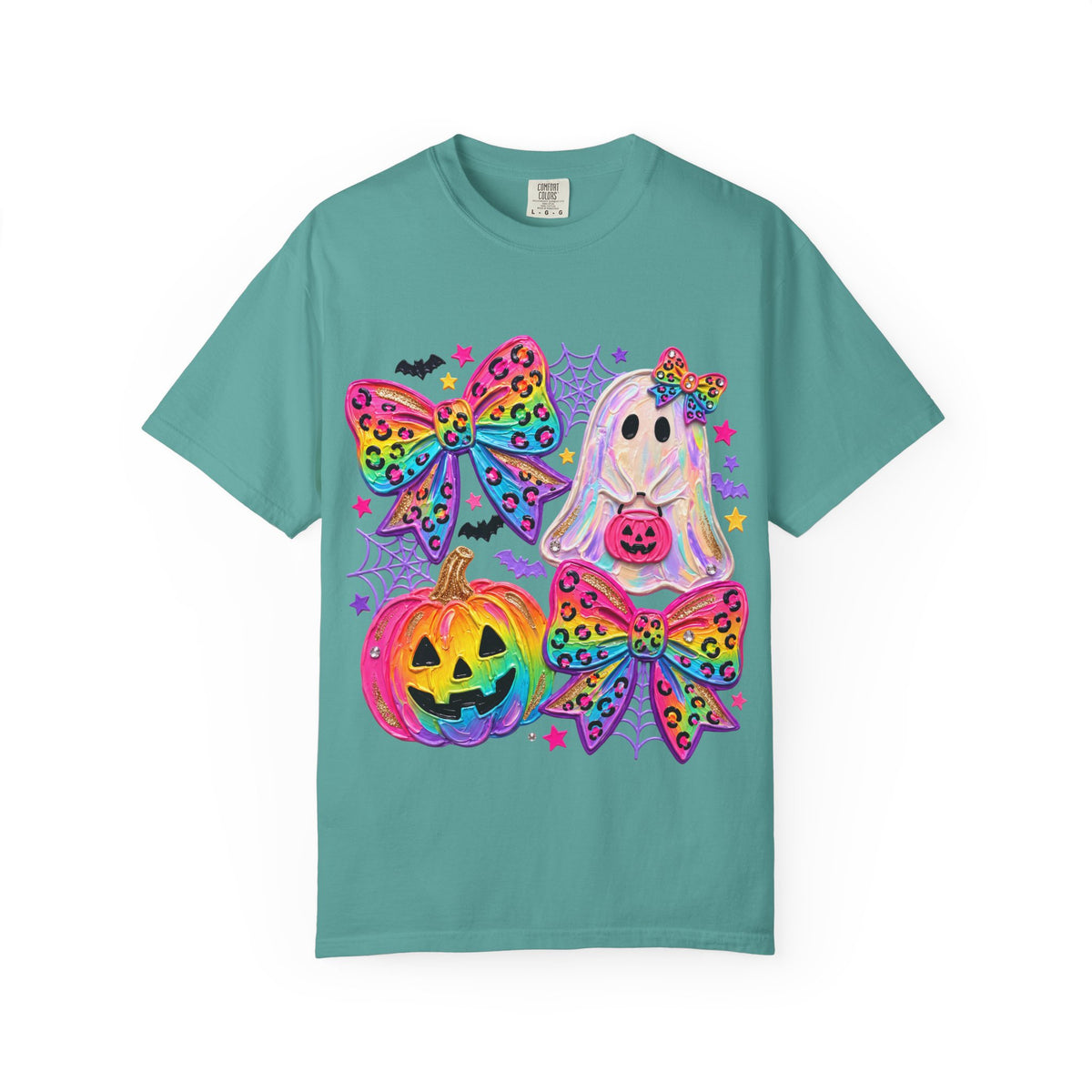 Halloween Cute Ghost & Pumpkin Rainbow Bow T-Shirt
