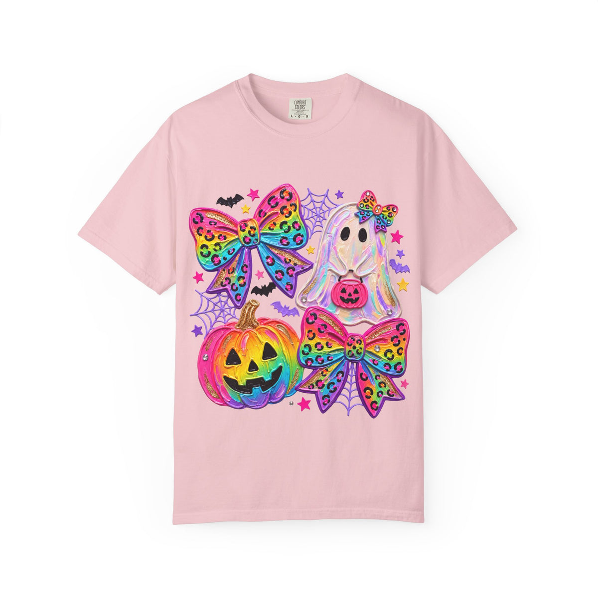Halloween Cute Ghost & Pumpkin Rainbow Bow T-Shirt