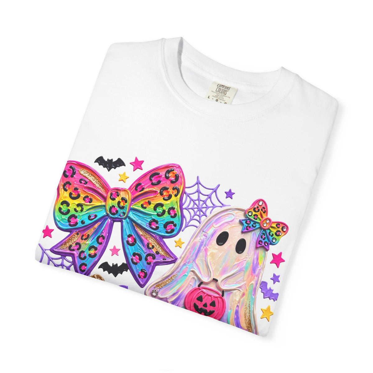 Halloween Cute Ghost & Pumpkin Rainbow Bow T-Shirt