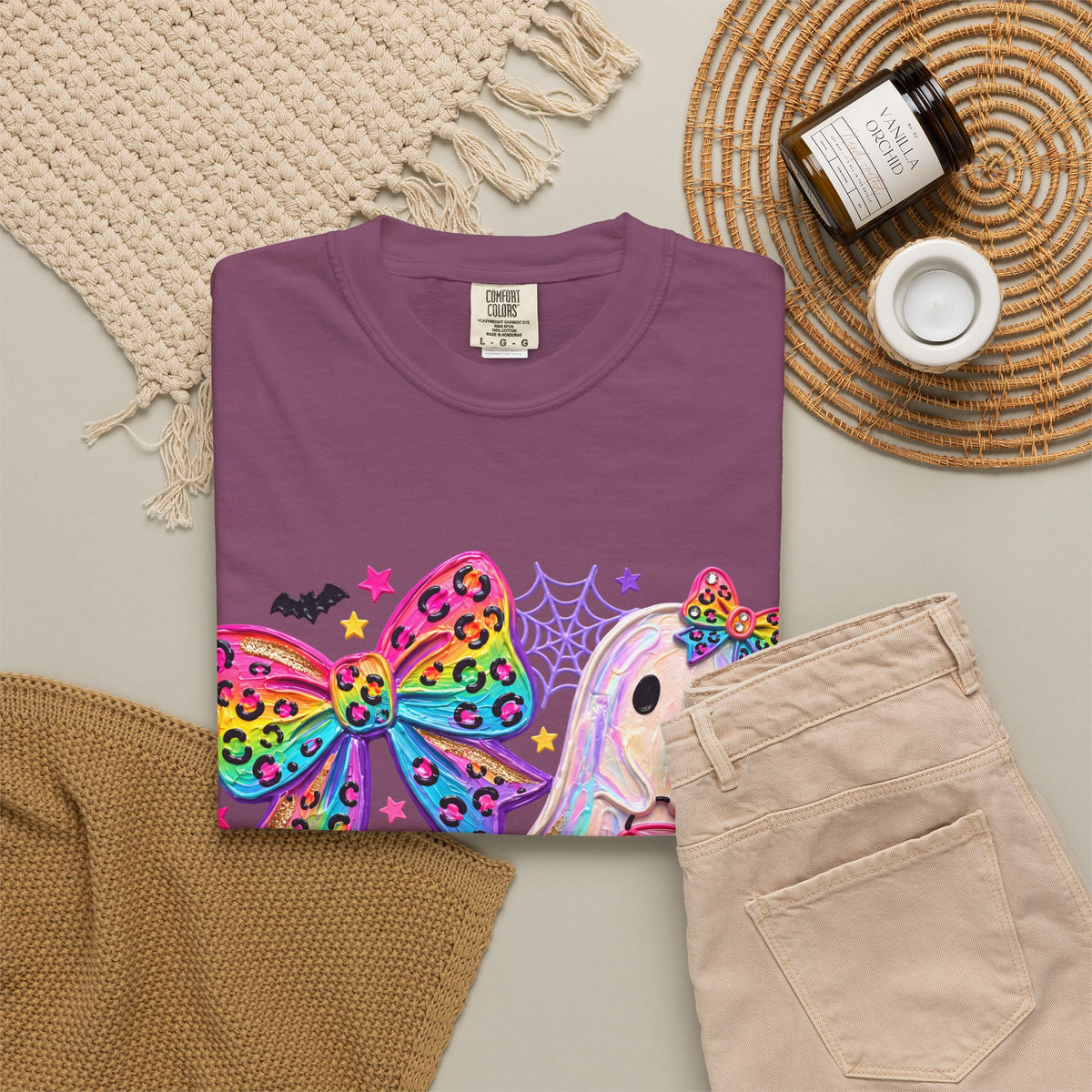 Halloween Cute Ghost & Pumpkin Rainbow Bow T-Shirt