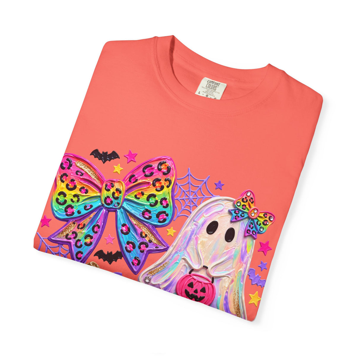 Halloween Cute Ghost & Pumpkin Rainbow Bow T-Shirt