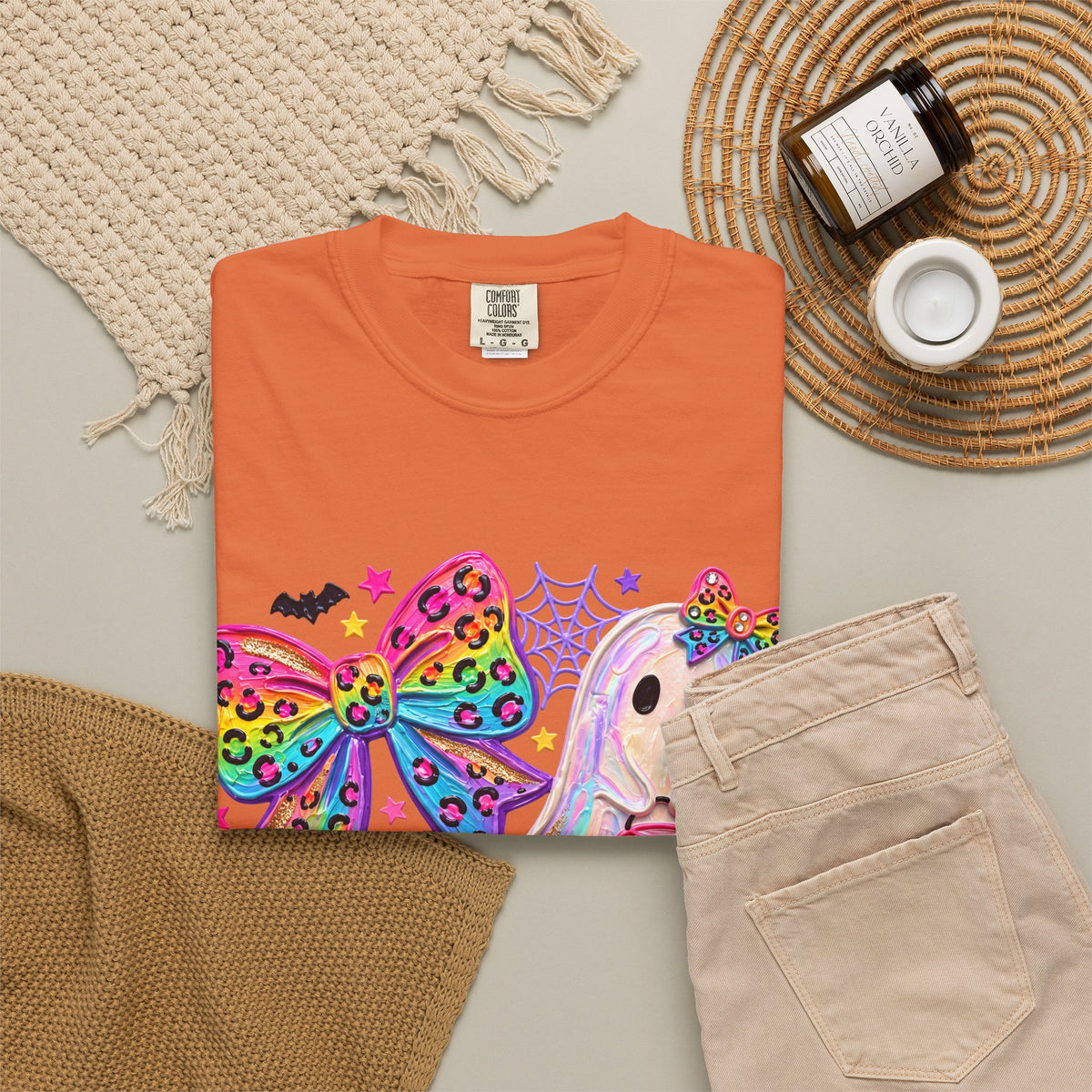 Halloween Cute Ghost & Pumpkin Rainbow Bow T-Shirt