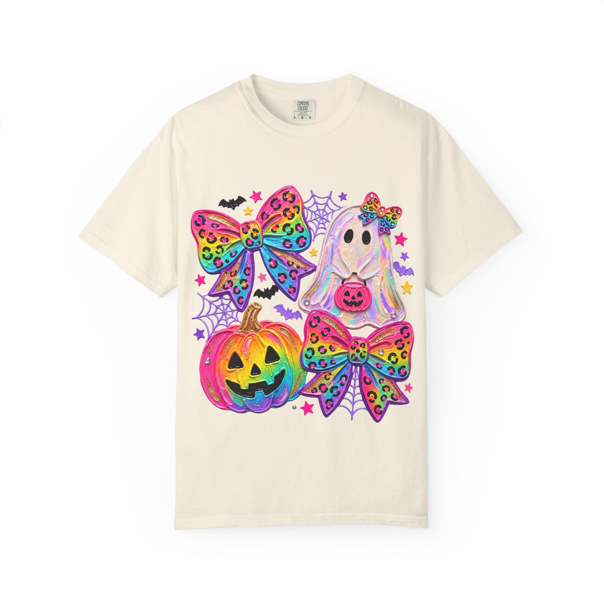 Halloween Cute Ghost & Pumpkin Rainbow Bow T-Shirt
