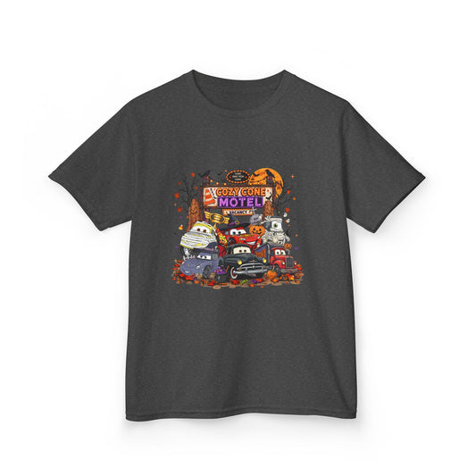 Kids Tee — Retro 'Welcome Motel' Halloween Cars Graphic Shirt