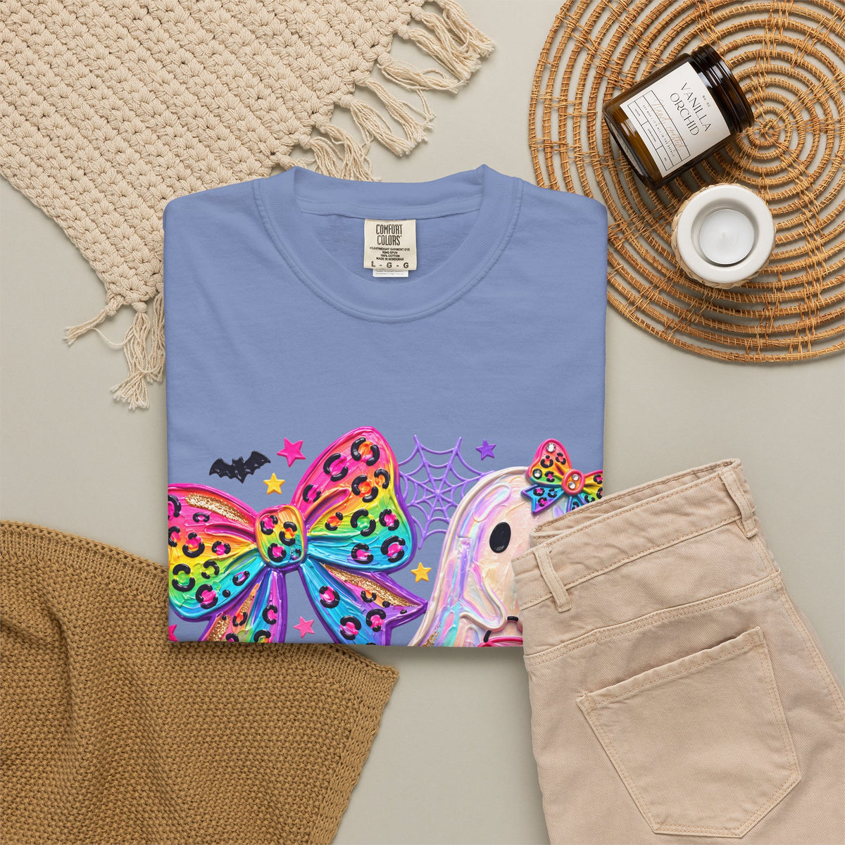 Halloween Cute Ghost & Pumpkin Rainbow Bow T-Shirt