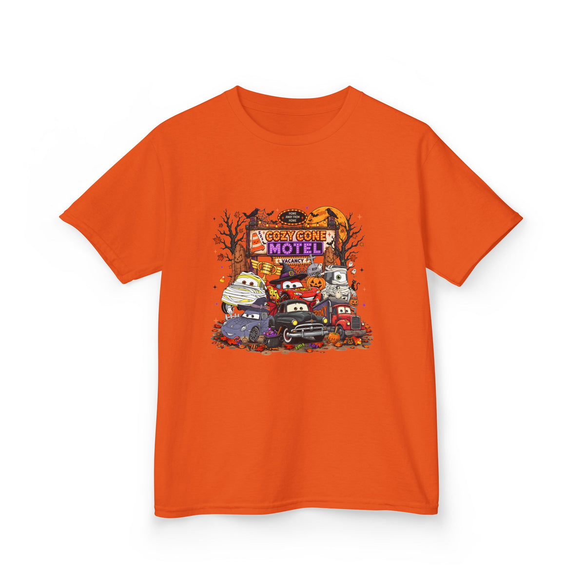 Kids Tee — Retro 'Welcome Motel' Halloween Cars Graphic Shirt