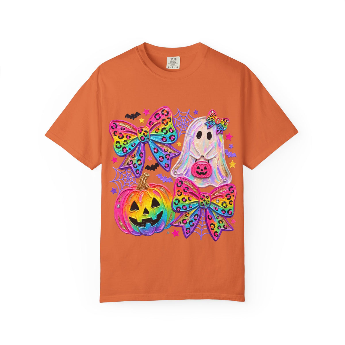Halloween Cute Ghost & Pumpkin Rainbow Bow T-Shirt