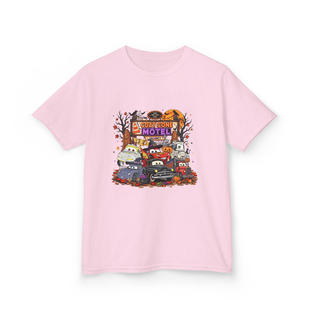 Kids Tee — Retro 'Welcome Motel' Halloween Cars Graphic Shirt