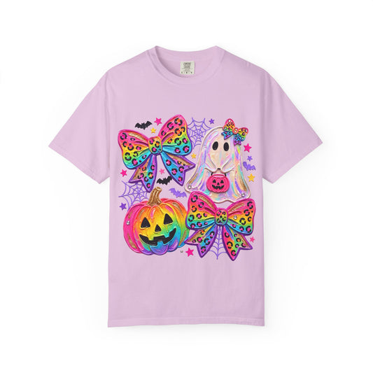 Halloween Cute Ghost & Pumpkin Rainbow Bow T-Shirt