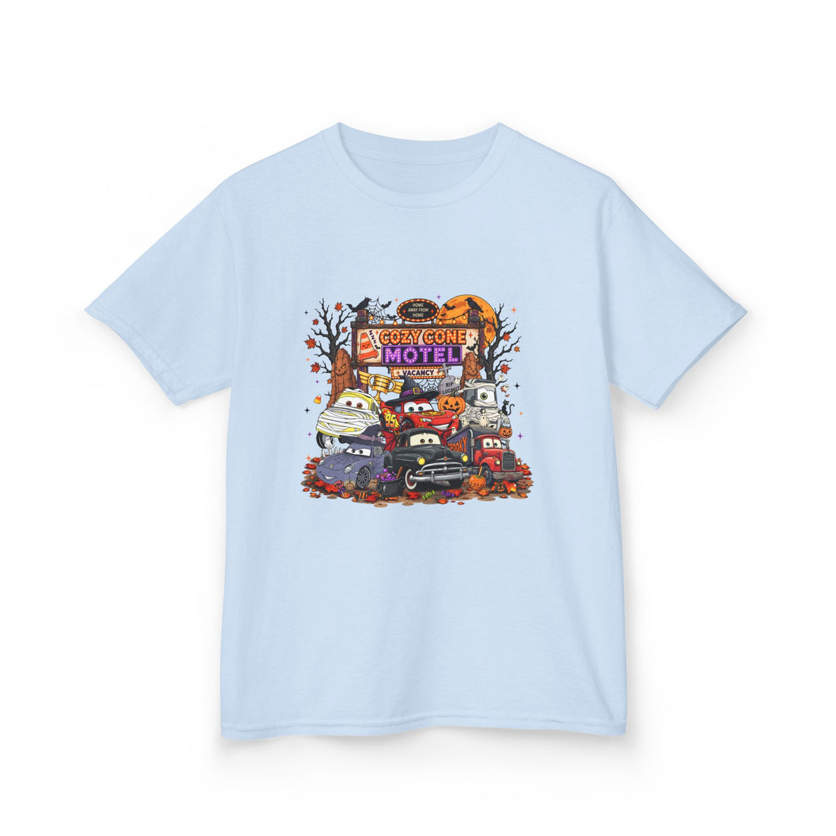 Kids Tee — Retro 'Welcome Motel' Halloween Cars Graphic Shirt