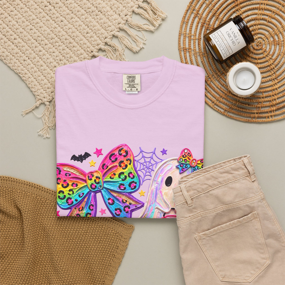 Halloween Cute Ghost & Pumpkin Rainbow Bow T-Shirt