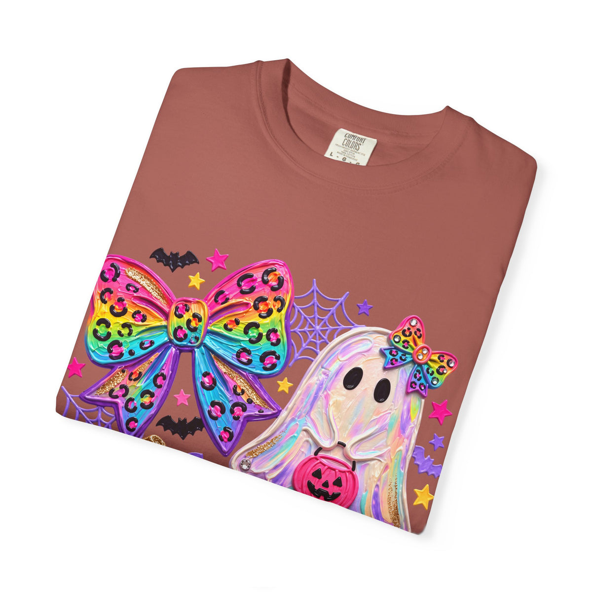 Halloween Cute Ghost & Pumpkin Rainbow Bow T-Shirt