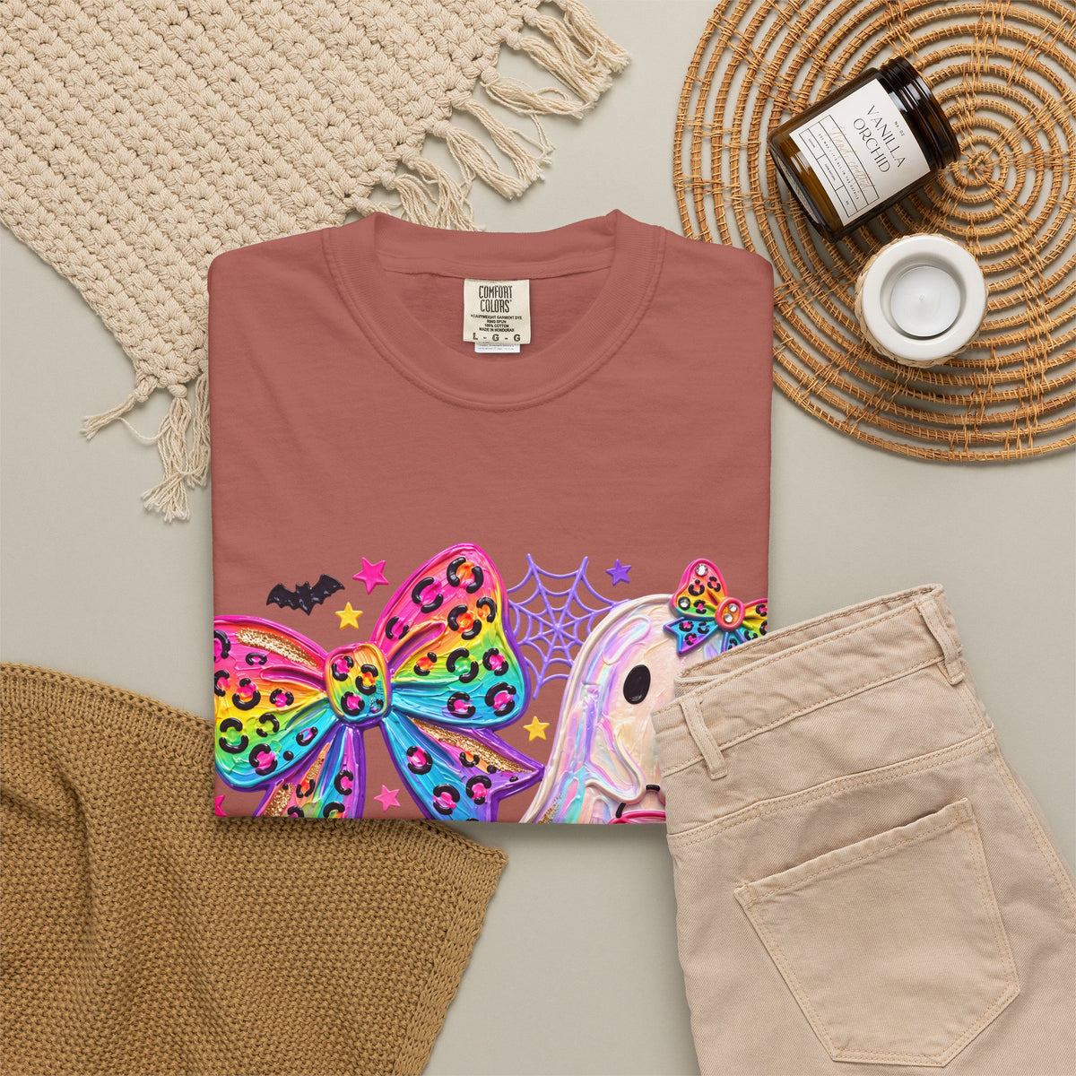 Halloween Cute Ghost & Pumpkin Rainbow Bow T-Shirt