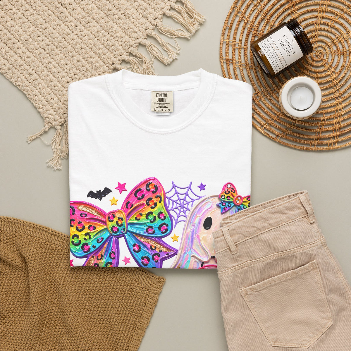 Halloween Cute Ghost & Pumpkin Rainbow Bow T-Shirt
