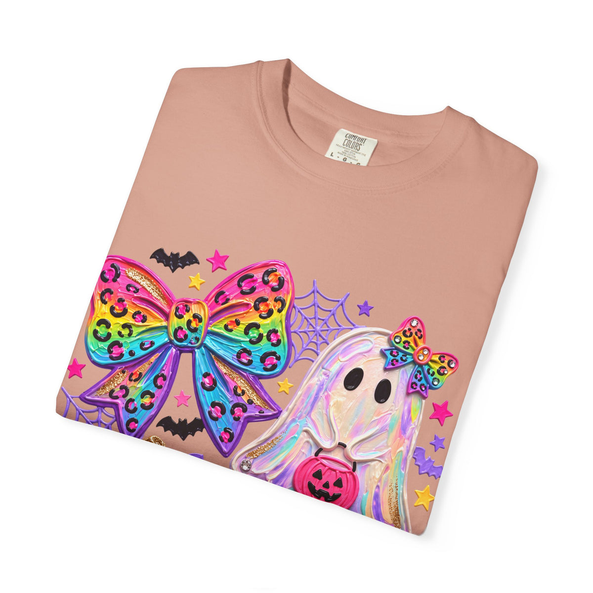 Halloween Cute Ghost & Pumpkin Rainbow Bow T-Shirt
