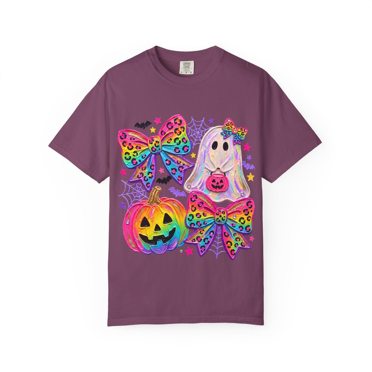 Halloween Cute Ghost & Pumpkin Rainbow Bow T-Shirt