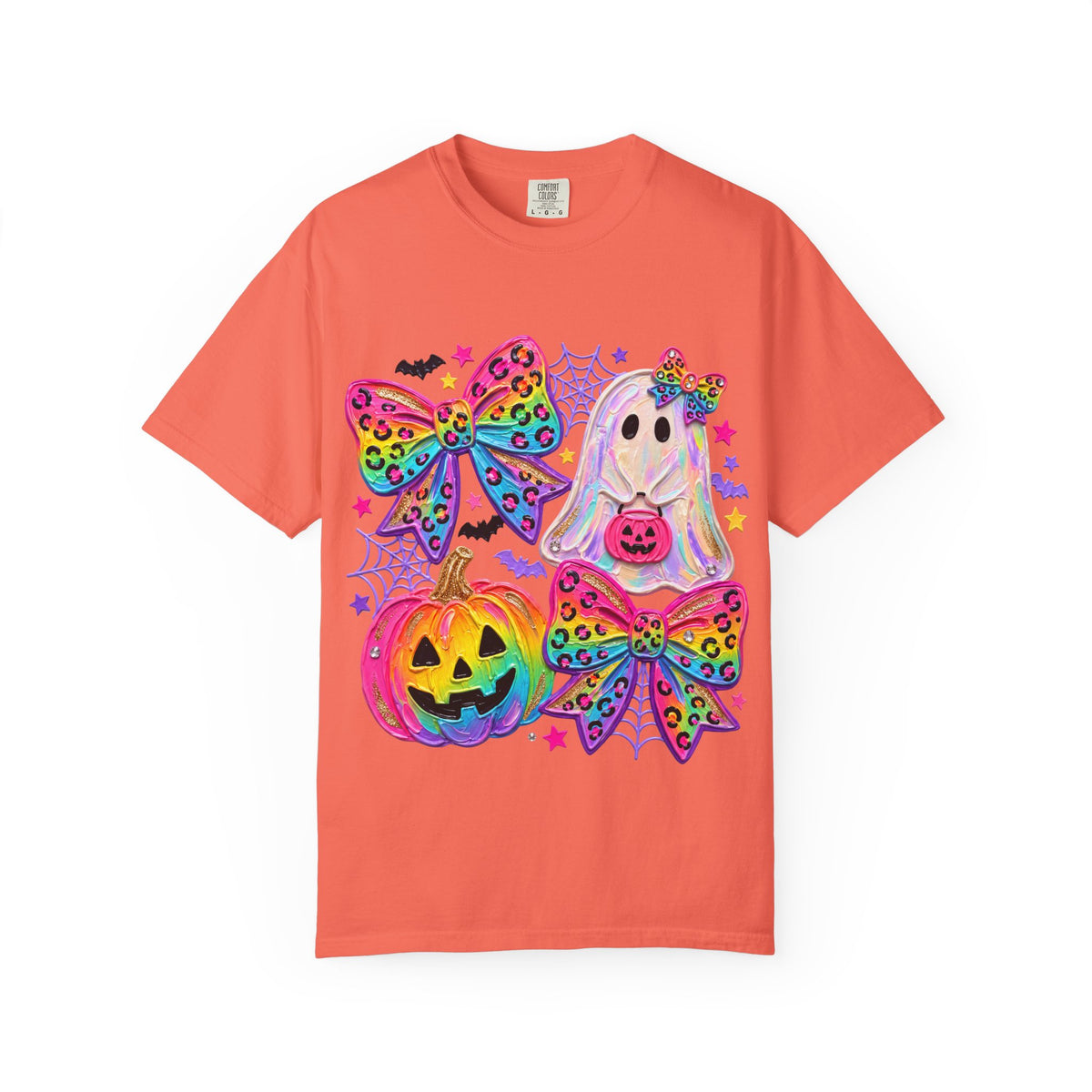 Halloween Cute Ghost & Pumpkin Rainbow Bow T-Shirt