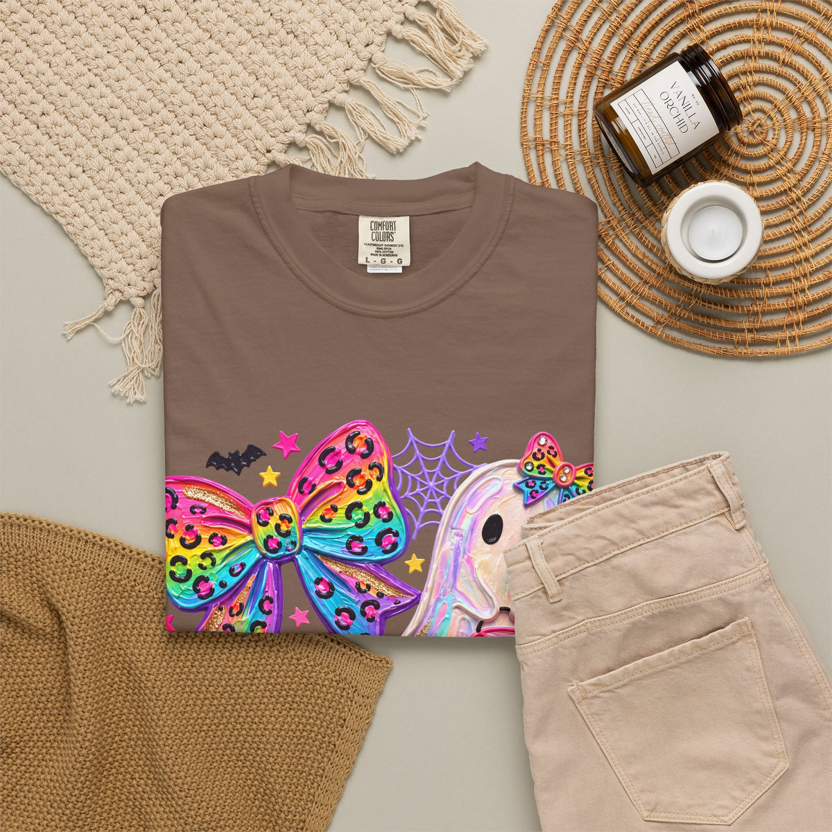Halloween Cute Ghost & Pumpkin Rainbow Bow T-Shirt