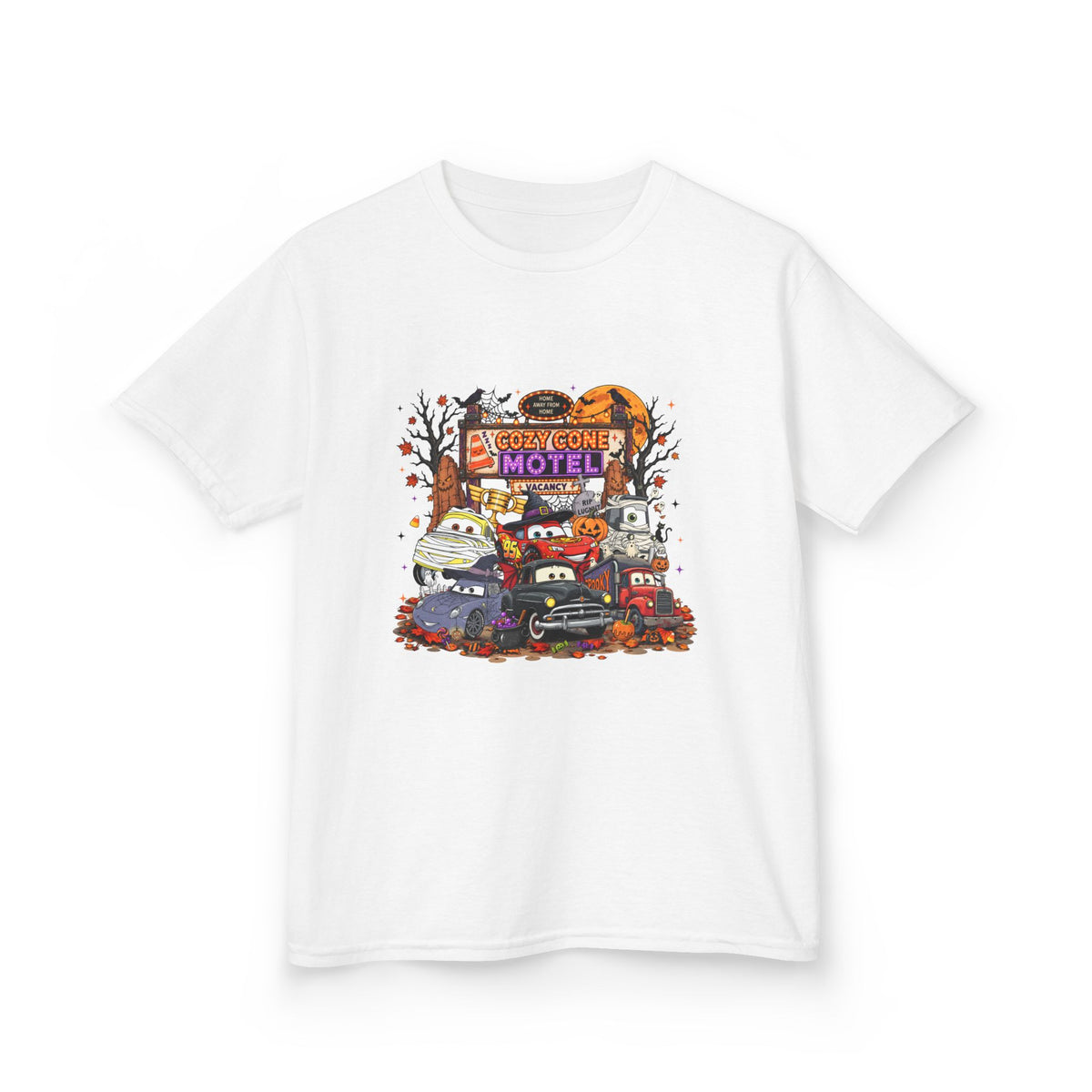 Kids Tee — Retro 'Welcome Motel' Halloween Cars Graphic Shirt