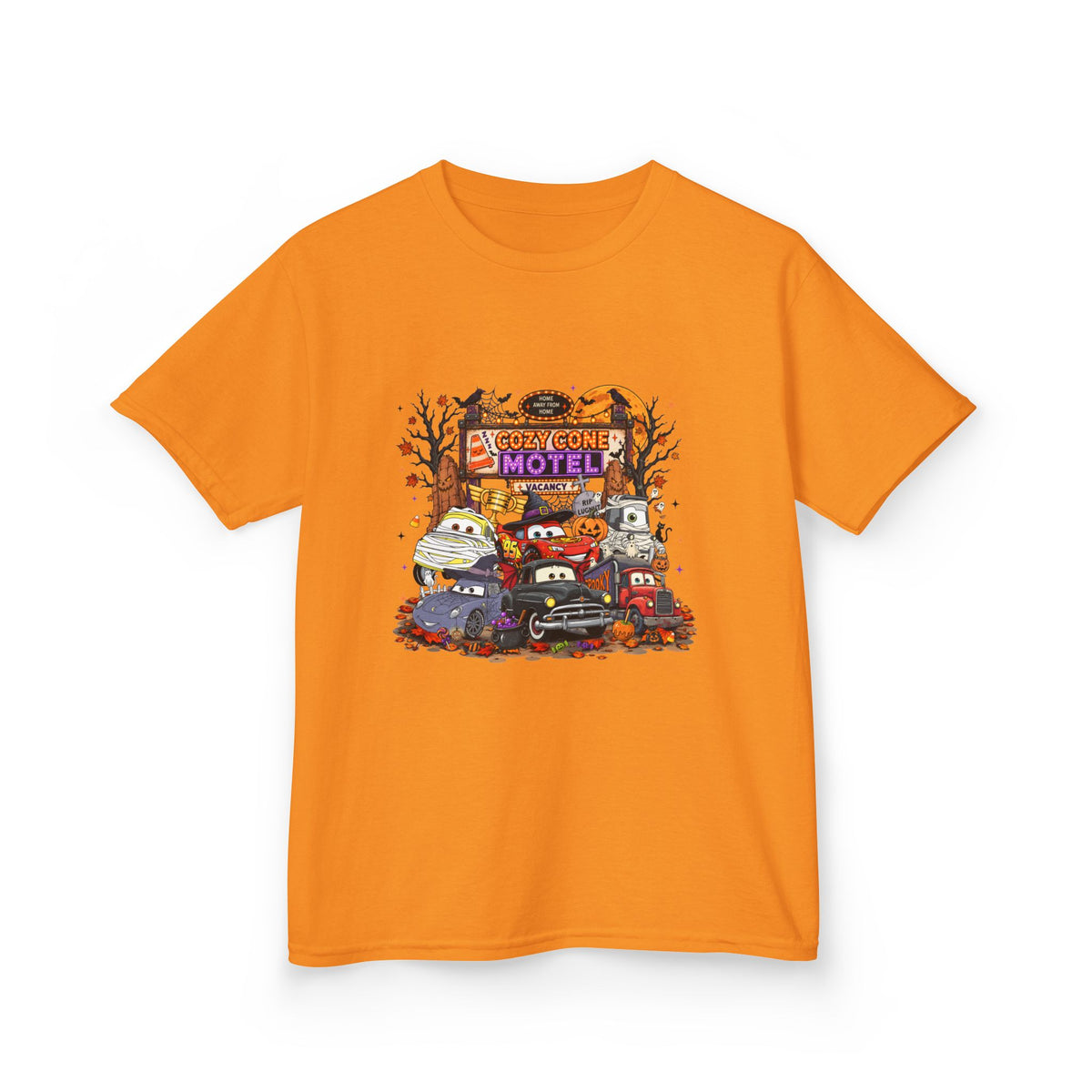 Kids Tee — Retro 'Welcome Motel' Halloween Cars Graphic Shirt