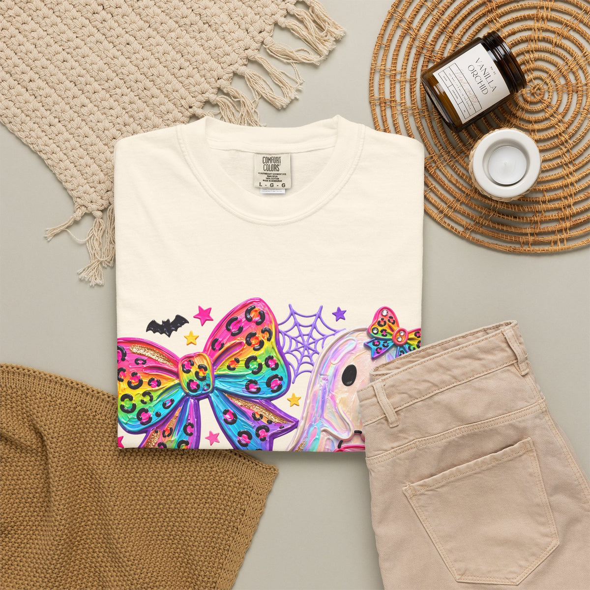 Halloween Cute Ghost & Pumpkin Rainbow Bow T-Shirt