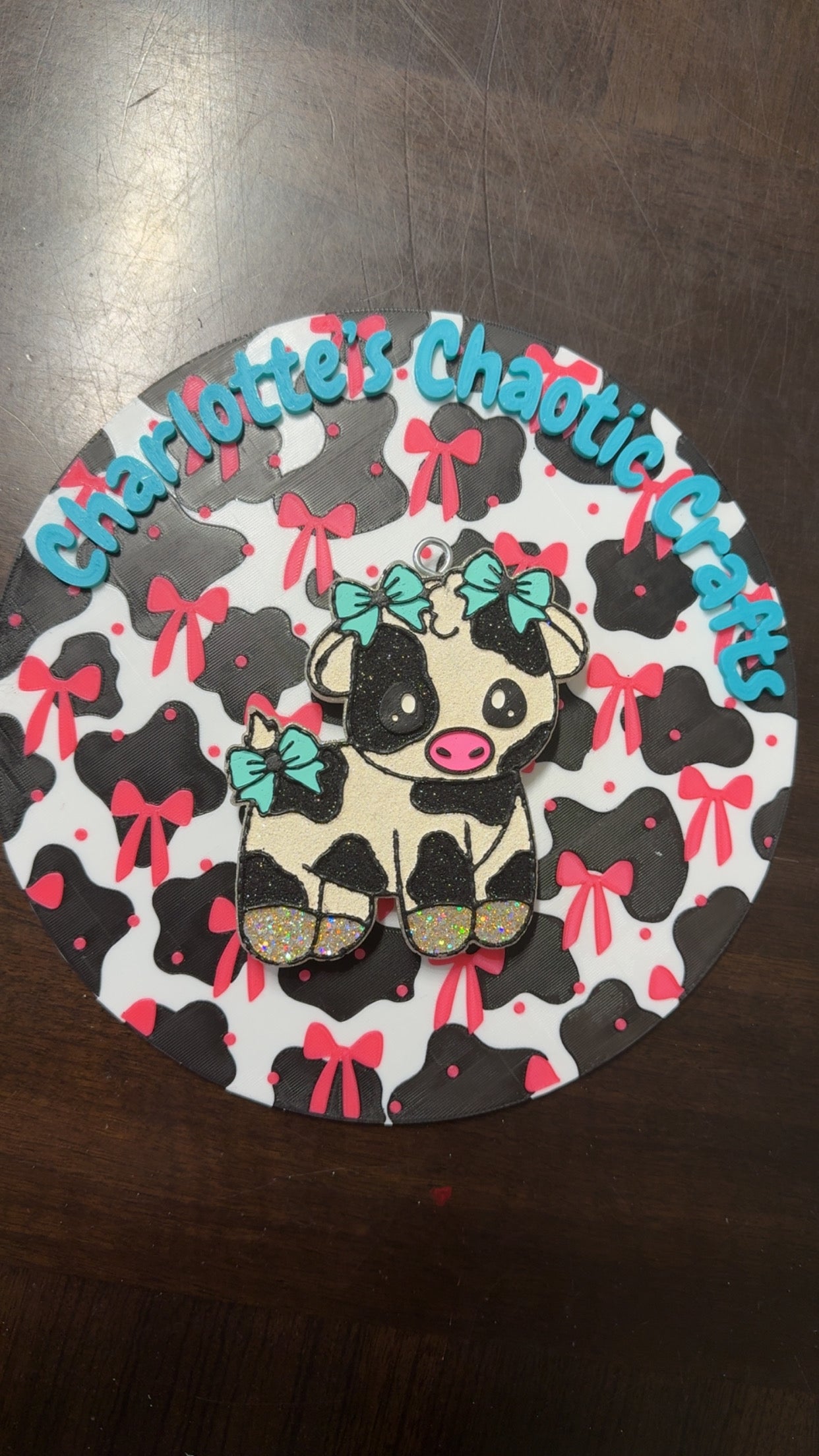 Cow with blue bows car freshie